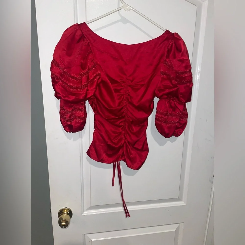 New! Reformation The Collection Winchester Puff Sleeve Blouse in Cherry Red 🍒 4